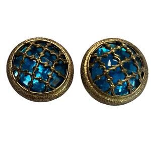 Vintage Earrings Clip On Blue Aqua Gold Tone Costume Jewelry 1”